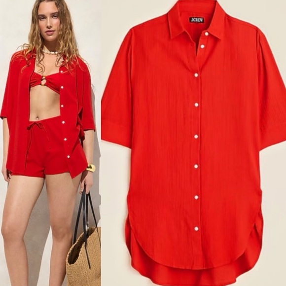 J. Crew Tops - J. Crew 2025 Airy Gauze Button Up Shirt in Red Oversized Size XS